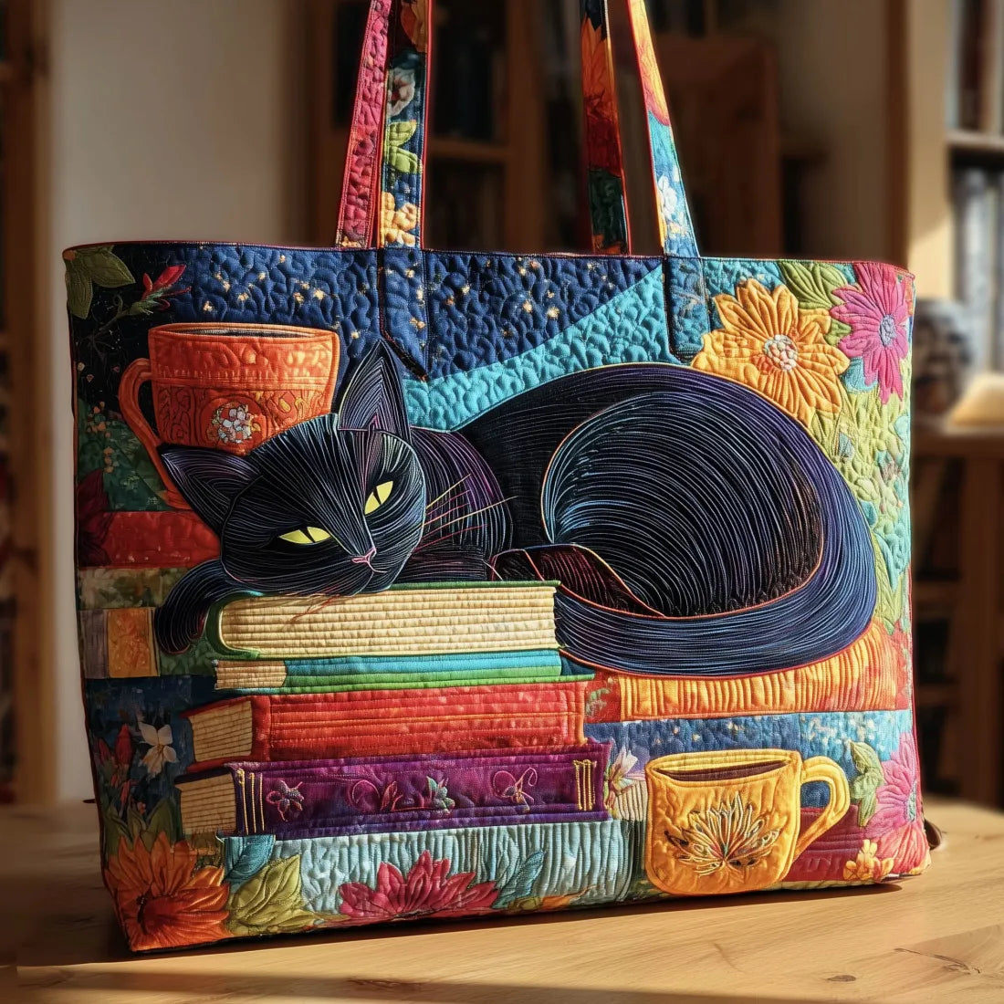 Håndlaget Chat Noir Tote Bag med Bøker og Kopper